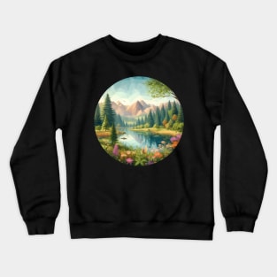 Low Poly Spring Forest with Lake, Flowers and Mountains Crewneck Sweatshirt